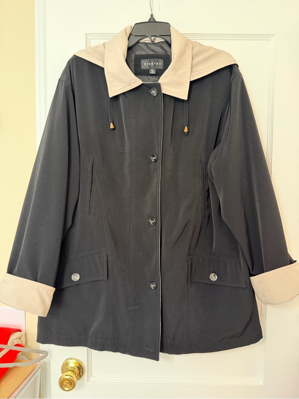 Braetan Black Rain Jacket/Trench with Beige Hooded Contrast